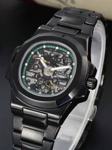 LONGLUX 1 Pc Men's Hollow Automatic Mechanical Waterproof Steel Band Watch, High-End Butterfly Buckle, Casual & Fashionable