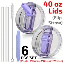6PCS/SET, Compatible With Stanley Cup 40 Oz, 40 Oz H2.0 Tumbler Flip Straw Leak Proof Lid, 2025 New Upgrade 40oz Tumbler Cup Reusable Removable Replacement No Spill Proof & Splash Resistant Flip Straw Mug Cover For 40oz Cup Accessories, Detachable Leakproof Lids Cover Topper Compatible With 40 Ounce Cup (1set Includes 2pcs Replacement Lids, 2pcs (8.8 Inch) Straws, 1pc (9 Inch) Brush, 1pc Removal Tool Wrench) - cho 40 oz Sta... Cốc thủy tinh - Xem 8