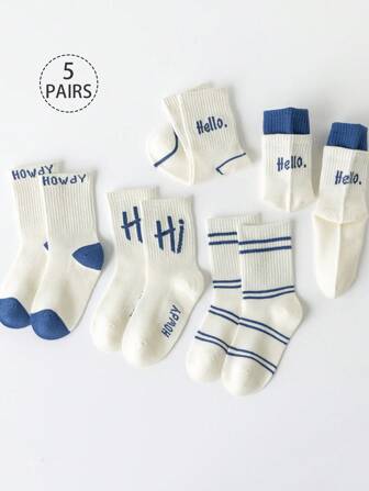 5 paires de chaussettes respirantes en maille pour enfants/tout-petits - color block, unies, lettres de bandes dessinées, rayées mi-mollet. Confortables et élégantes pour le printemps/l'été, conviennent pour l'école, les chaussures de loisirs et de sport