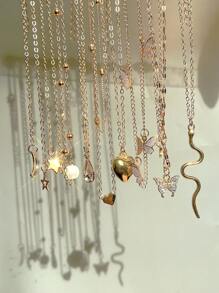 17KM 9pcs/Set Elegant Vintage Heart, Butterfly, Faux Pearl, Rhinestone, Teardrop, Star, Moon Hollow Design Multi-Layer Necklace Set, Suitable For Holiday, Party, Date, Daily Wear As Gift