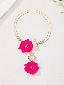 1pc Women Elegant Minimalist Anklet Gold Snake Chain With Pink Flower Pendant, Fashion Accessory For Beach Vacation - Hot Pink - View 4