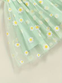 Vestido de princesa para niñas pequeñas, con bordado de margaritas y frutas, sin mangas, informal, de verano, de malla y tul, esponjoso - Verde - Ver 6