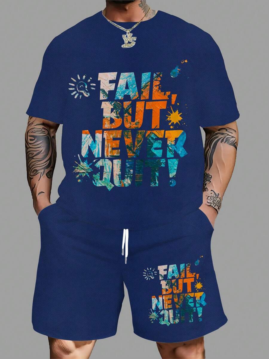 2 件/套大码男士休闲“永不放弃”图案印花 T 恤套装，适合所有季节