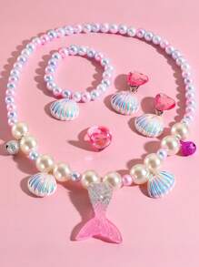 4pcs/Set Mermaid Princess Pearl Beaded Jewelry Set, DIY Necklace Cute Creative Accessories For Kids