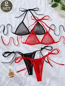 2 Pieces Set Of Sexy Mesh 3 Point Bikini See-Through Seductive Bra Panty Set - Multicolor - View 1