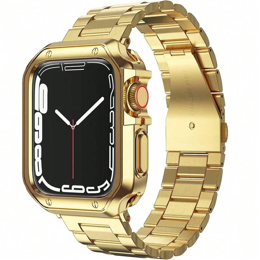 2 合 1 硅胶保护壳 + 不锈钢金属表带，适用于 Apple Watch 表带和表壳，不锈钢金属链带 TPU 盖，智能手表链式表带，腕带适用于 Apple Watch Series 10 9 8 7 6 5 4 3 2 1 SE，49mm 46mm 45mm 44mm 42mm 40mm 41mm 38mm + 工具，金色