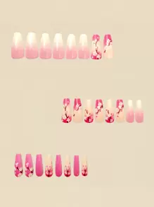 Medium-Length Nail Stickers, Removable 24-Piece Box Manicure, Plant Floral Pattern Nail Stickers, Stripe Nail Stickers, Solid Tie Dye Nail Stickers, Fashionable & Beautiful Nail Stickers, Purple Flower Nail Stickers, Tie Dye Blue Galaxy Nail Stickers Press On Nails