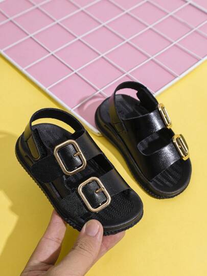 1 par Kids Casual Dubbelspänne PU Bekväma platta sandaler med krok och ögla, lämpliga för sommaren