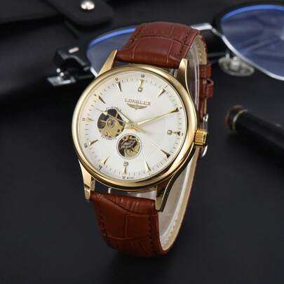 LONGLUX 1pc Men's Hollow Automatic Mechanical Watch, Fashionable Casual Leather Strap Watch, Gift