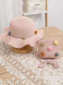 2pcs/Set Toddler Girls' Straw Hat & Backpack Set, Outdoor Beach Sun Protection Hat & Cartoon Ball Decorated Backpack, Suitable For Daily Wear, Summer