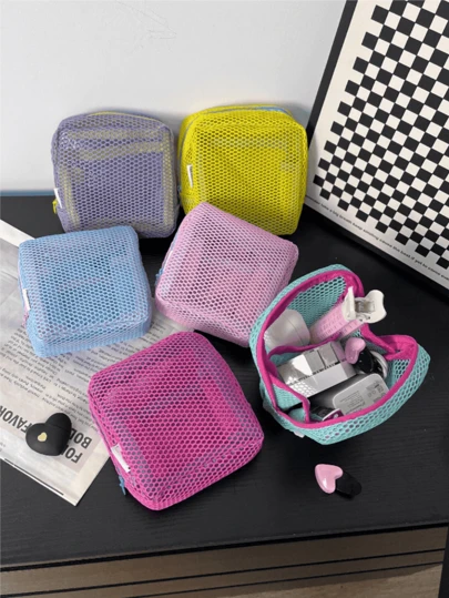 1pc Girls Macaron Color Mesh Large Capacity Toiletry Bag Makeup Brush Lipstick Cosmetic Storage Bag, Portable Travel Cosmetic Mesh Storage Bag, Back To School School Bag, Travel Essentials Beach Travel Storage Bag, Summer Vacation Cosmetic Storage Bag Cosmetic Storage Bag Mini Bag Travel Small Cosmetic Box Accessories, Makeup Stand Brush Bag, Cosmetic Container, Cosmetic Bag Travel Essentials, Women's Accessories, Travel Supplies
