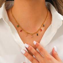 1 件时尚不锈钢 18K 镀金彩色锆石项链，适合女性日常佩戴、节日礼物