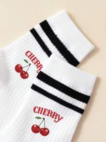 1双儿童袜子，四季皆宜，甜美樱桃印花中筒袜，女童款，黑白条纹，柔软舒适，适合春秋季穿着，男童款，适合上学和日常穿着。 - 彩色 - 查看 4