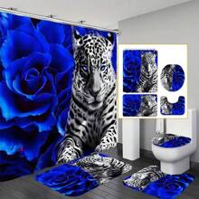 4pcs Blue Flowers And Leopard Shower Curtain Gift Modern Home Bathroom Decoration Curtain And Toilet Floor Mat 3-Piece Set With 12 Shower Curtain Hooks Fall Decor Bathroom Accessories Back To School