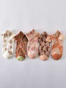 5 双女士复古蕾丝短袜，优雅时尚休闲女士袜子，薄款透气吸汗低帮运动袜，适合日常穿着，春夏 - 彩色 - 查看 6