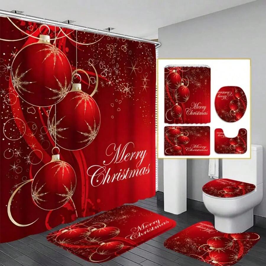 1pc/4pcs Christmas Festive Red Lanterns Shower Curtain Gift Modern Home Bathroom Decoration Curtain And Toilet Floor Mat 3-Piece Set With 12 Shower Curtain Hooks Fall Decor Bathroom Accessories Back To School