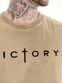 Oversized T-Shirt Victory Tank Top Over Streetwear Shirt Men Unisex Shirt Gym Workout Loose Summer Cotton Printed T-Shirt - 卡其色 - 查看 3