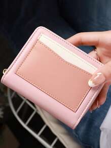 Minimalist Multifunction Color Block Coin Purse, Card Holder Snap Bifold Short Wallet, Best Gift Choice For Various Holidays