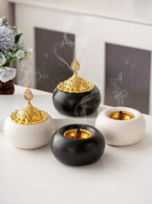 1 pieza de quemador de incienso de forma redonda con combinación de metal y cerámica, color blanco y negro, estilo moderno minimalista, de lujo, para aromatizar el hogar, adecuado para escritorio, hogar, oficina, hotel, sala de estar, salón, decoración navideña