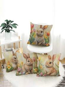 Easter-Themed 4pcs Pillowcase Set, Rabbit And Floral Design, Soft Polyester, Zipper Closure, Suitable For Various Room Types - No Insert Included, Skin-Friendly, Living Room Sofa