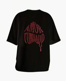 Camiseta para Mujer Tipo Oversize con Aplicacion en Pedreria Playera de Algodon Amor Tumbado - Rojo - Ver 2
