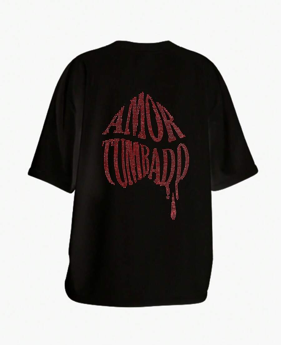 Camiseta para Mujer Tipo Oversize con Aplicacion en Pedreria Playera de Algodon Amor Tumbado