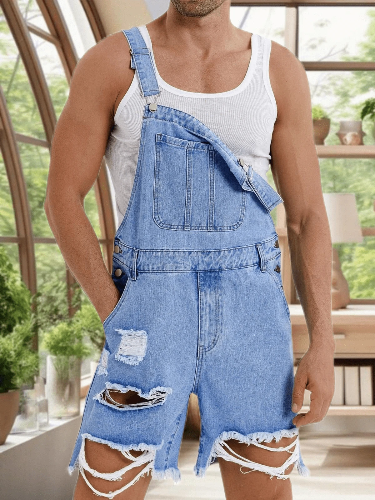 Runcati Men's Denim Shorts Bib Overalls Casual Loose Fit Walkshort Button Pockets Summer Jumpsuit - Màu xanh lam - Xem 1