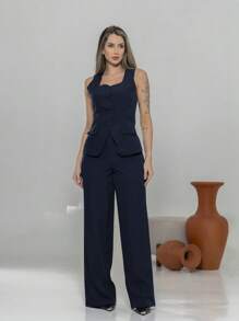 Twill Waistcoat And Wide Leg Pants Set C3089 - 藏蓝色 - 查看 1
