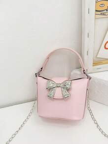 1 pieza Bolso de cubo mini portátil de unicolor PU con diseño de mariposa, estilo coreano versátil con cadena para el hombro y bolso bandolera, correa para el hombro casual y cómoda, estilo largo y versátil que no es exigente, adecuado para uso diario, apropiado para compras y viajes diarios de chicas.