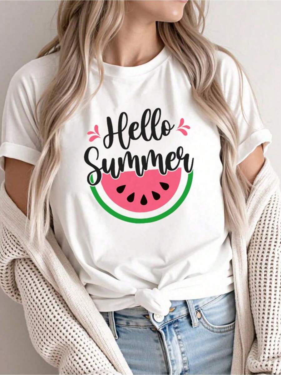 Fruit Watermelon Pattern Printed Women's Summer T-Shirt For New Year Clothes Graphic Tees Women Tops - trắng - Xem 1