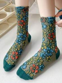 5 双复古花卉女士中筒袜，适合所有季节，春/秋季