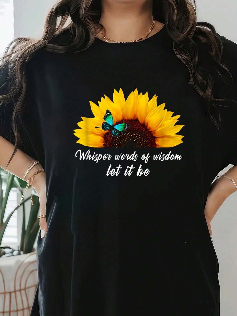 Whisper Words Of Wisdom Let It Be With Butterfly T-Shirt Print T-Shirt, Short Sleeve Round Neck Casual Top For Summer & Spring, Women's Clothing - 黑色 - 查看 1