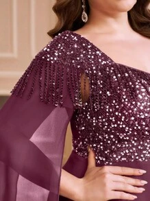 SUPGIR Plus Size Sweetheart Neck Luxurious Sequin Fringe Chiffon Patchwork Dress, Party Dress, Wedding Guest Dress, Formal Dress, Evening Dress, Gown - 中紫紅色 - 查看 5