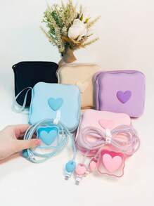 6pcs Cute 3D Heart Wave + EVA Storage Pouch Set, Charger Protection Case, Data Cable Organizer Kit, Compatible With IPhone 12 14 15 16 18/20W Fast Charging Cable - Multicolor - View 3