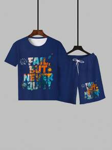 2 件/套大码男士休闲“永不放弃”图案印花 T 恤套装，适合所有季节