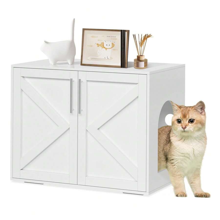 Danolapsi Cat Litter Box Enclosure,Hidden Litter Box Furniture With Double Room,Wooden Litter Box Enclosure Furniture,Indoor Cat House Cat Washroom Furniture Side End Table TV Stand - White - View 1