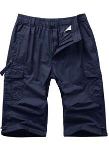 KEFITEVD Hombre Algodón Senderismo Capri Shorts Casual Street 3/4 Largo Verano Cargo Cropped Pants Ligero Debajo Rodilla Corto Pantalones Con 7 Bolsillos, Azul Marino