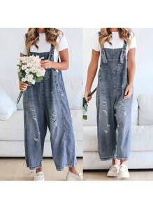 Women Denim Overalls Ripped Jean Jumpsuits Vintage Casual Streetwear Adjustable Strap Baggy Romper With Pockets - 寶藍色 - 查看 6