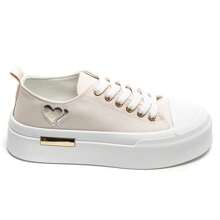 Women's Thick Sole Lace-Up Sneakers, With Heart-Shaped Patch, Available In Multiple Colors - Beige-9151 - View 2