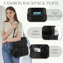 VASCHY Backpack Purse For Women Fashion Anti-Theft PU Leather Backpack Shoulder Bag Convertible 2 Ways For Travel Work, School Backpack - Black - View 6