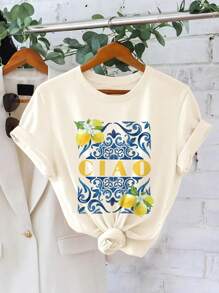 Casual Summer: CIAO & Lemon Print Graphic Round Neck Short Sleeve T-Shirt