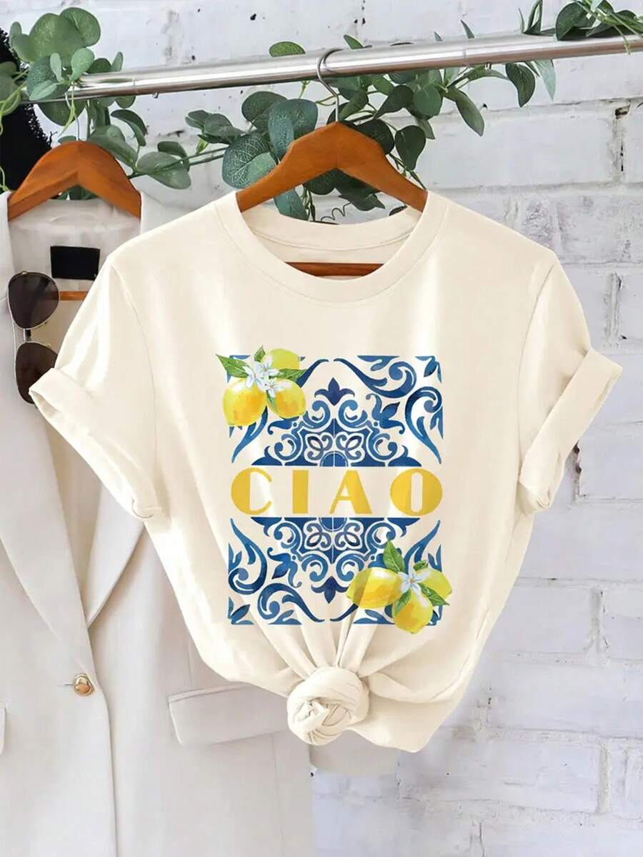 Casual Summer: CIAO & Lemon Print Graphic Round Neck Short Sleeve T-Shirt