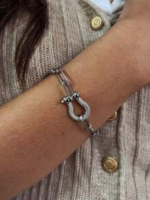 1Pc Women's Chain Bracelet With Gold And Silver Diamond Studded Horseshoe Buckle, With A Shiny And High-End Style, Suitable For Women To Wear During Events