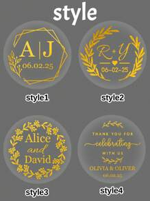 LICVIC 30-240 piezas Pegatinas personalizadas para bodas, lámina dorada transparente, etiquetas de boda personalizadas, etiquetas de recuerdos de fiesta con texto personalizado, estampado dorado, pegatinas autoadhesivas personalizables para fiestas de boda, etiquetas para bolsas de fiesta, 4x4cm, 4 estilos. - Estilo A - Ver 5