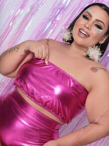 HIGH WAIST BIKINI PLUS SIZE HOT PANT METALLIC GLIDER BIKINI PLUS SIZE / BIKINI PANTIES / BIKINI SET / RIBBON BIKINI / CARNIVAL 2025 / CARNIVAL /  BIKINI / BUTT-LIFT BIKINI / WOMEN'S BIKINIS / SUMMER 2025 - 玫紅色 - 查看 3