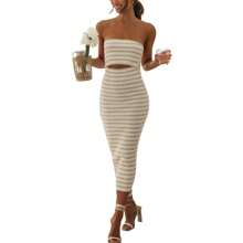 Women Summer Casual Tube Dresses Strapless Backless Hollowed Striped Patchwork Long Dress Clubwear