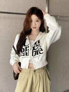 Áo hoodie nữ tay dài dáng rộng in khẩu hiệu, kiểu dáng thường ngày, có khóa kéo, thích hợp cho mùa xuân. - Màu be - Xem 2