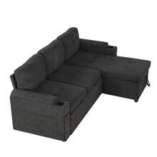 MERAX 83.5" L-Shaped Sofa Couch Convertible Sofa Bed Sectional Sofa With Ample Storage Space, Two Cup Holders And Two USB Ports For Living Room - Black - View 7