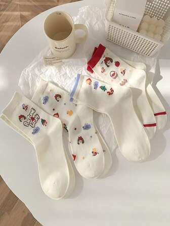 4 双轻便及膝袜，卡通图案，女孩可爱款式，百搭，春夏