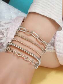 5 件/套球珠袖口女士男士波西米亚海滩金色银色手链饰品金属个性珠宝 - 銀色 - 查看 6